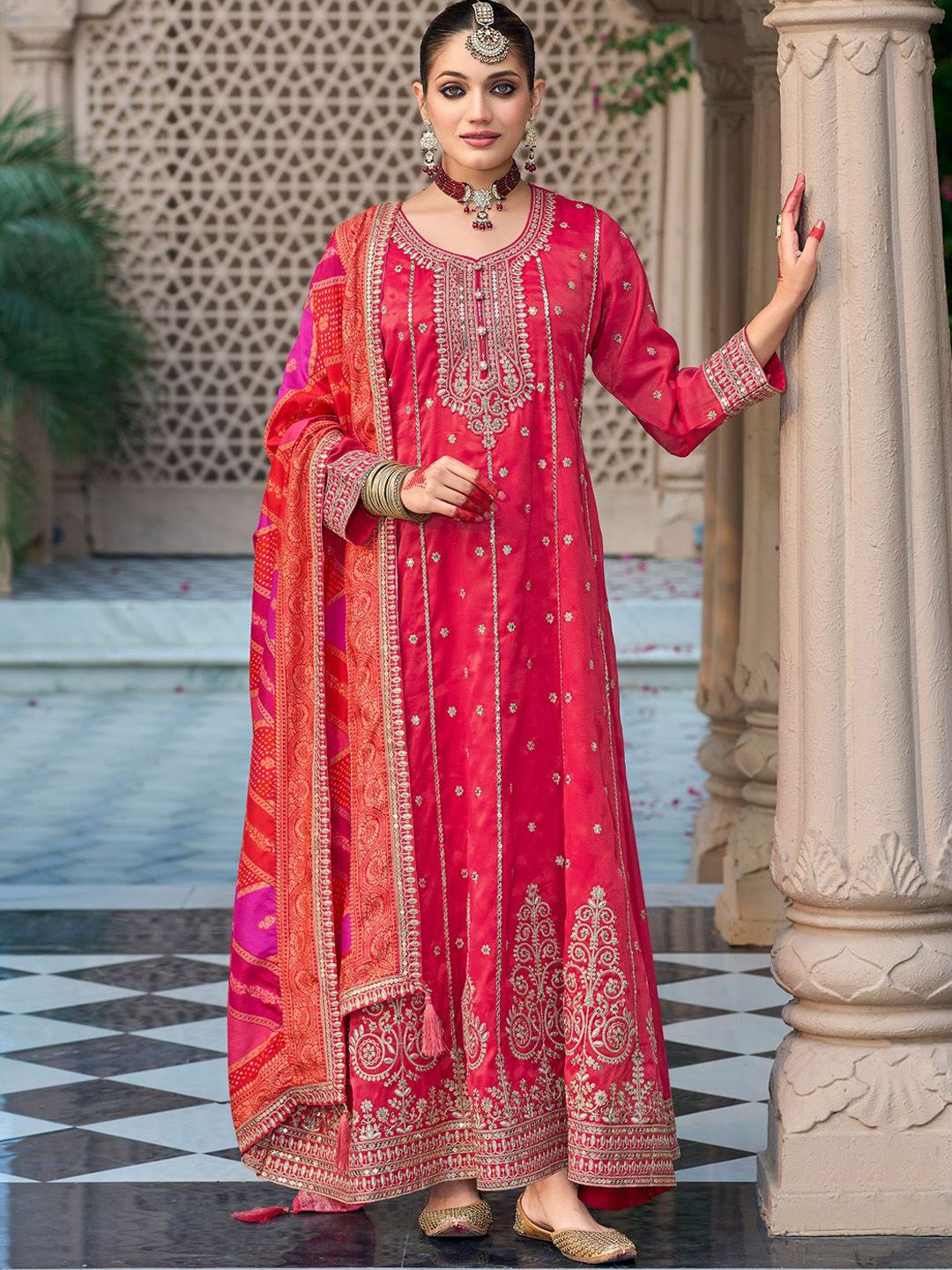 Ethnic Motifs Embroidered Sequinned Anarkali Kurta with Trouser & Dupatta