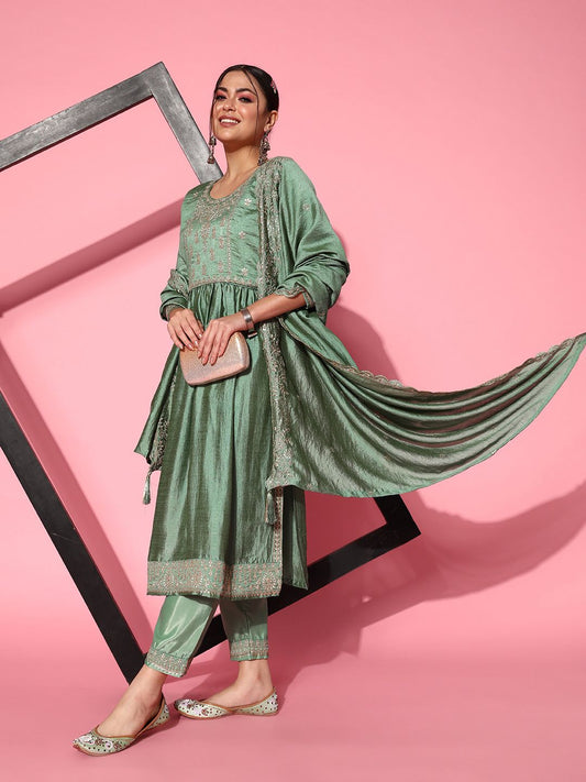 Dhiyona SN Women's Floral Embroidered Regular Sequinned Kurta With Trousers & With Dupatta