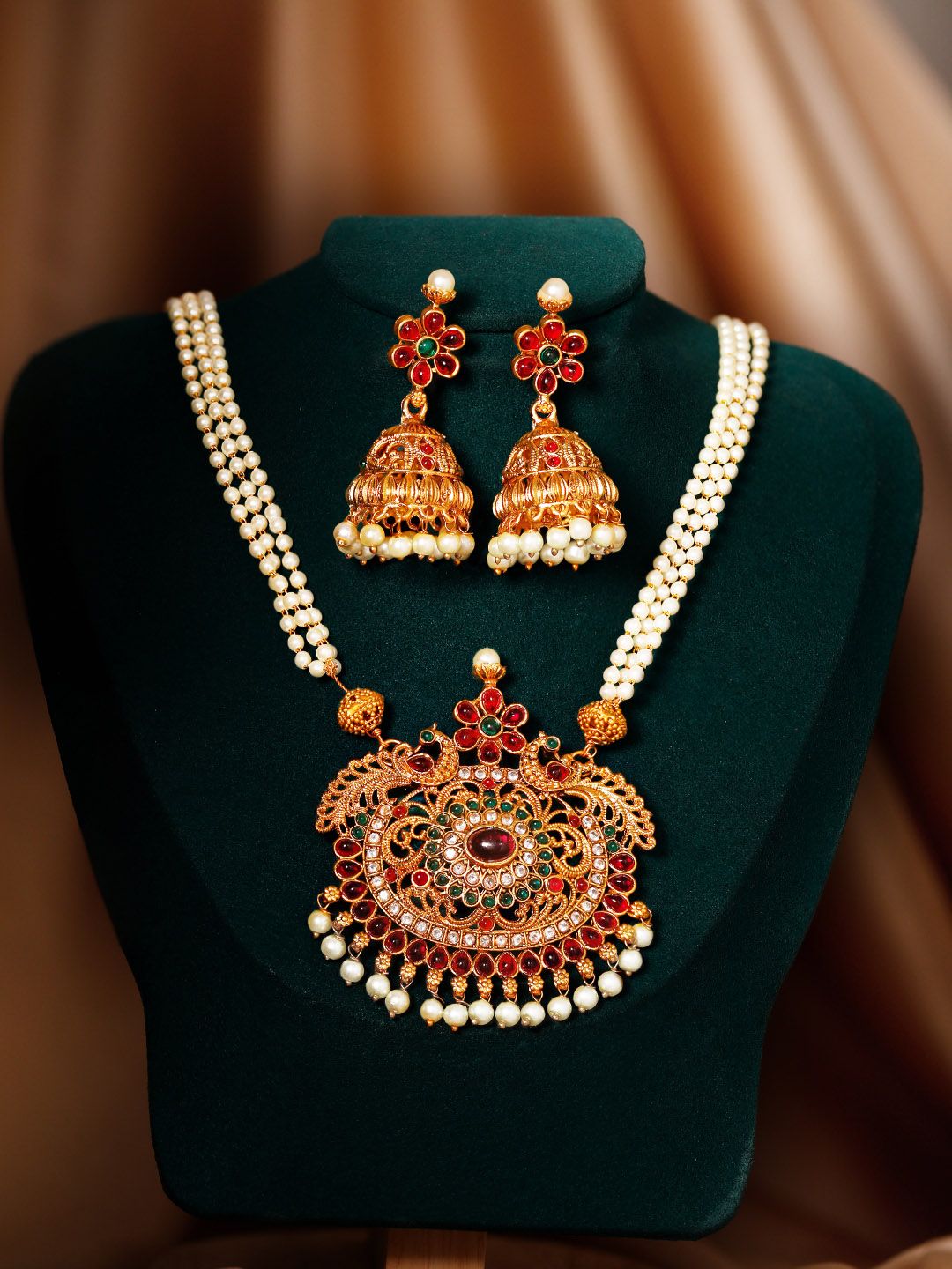 Dhiyona RJ Women's 22K Gold Plated Ruby Emerald & Cubic Zirconia Studded Pearl Beaded Jewellery Set