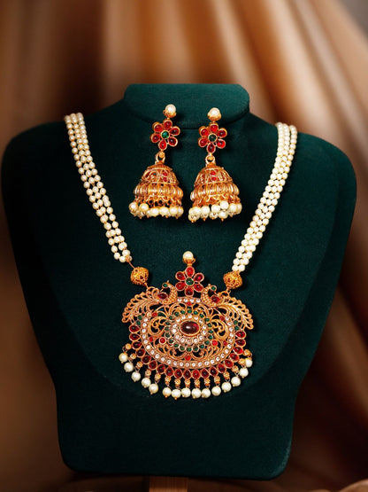 Dhiyona RJ Women's 22K Gold Plated Ruby Emerald & Cubic Zirconia Studded Pearl Beaded Jewellery Set