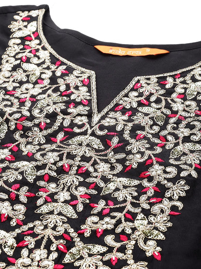 Dhiyona IE Floral Embroidered Regular Sequinned Liva Kurta with Trousers & Dupatta