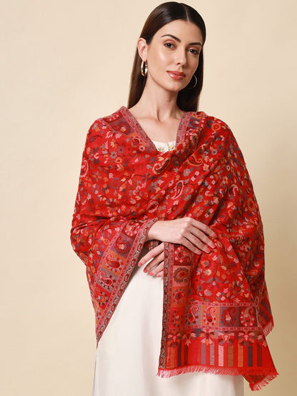 Dhiyona PA Women Red & Grey Woven-Design Kaani Shawl