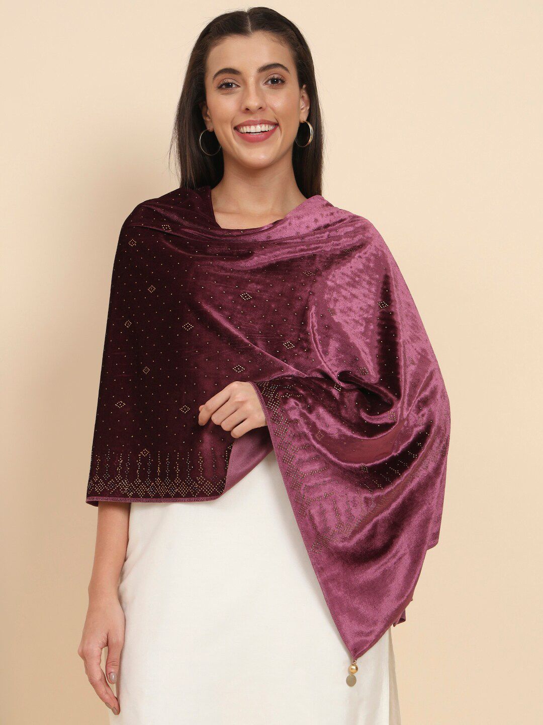 Dhiyona PA Embellished Beads & Stones Velvet Shawl