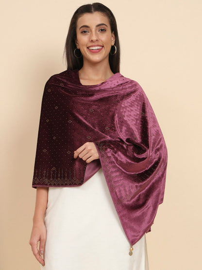 Dhiyona PA Embellished Beads & Stones Velvet Shawl