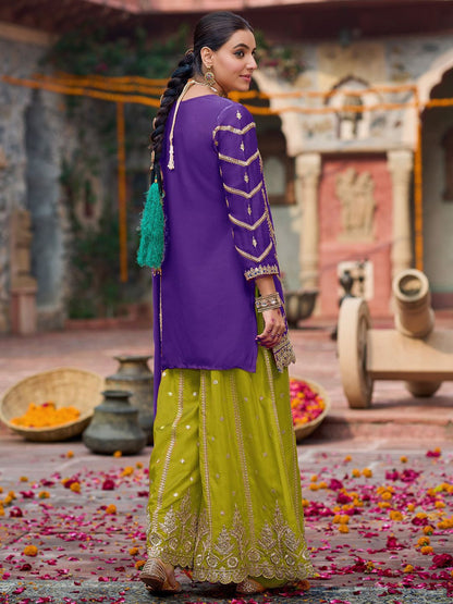 Floral Embroidered Sequinned Chinon Straight Kurta With Palazzos & Dupatta