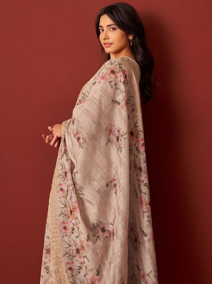 Women Floral Embroidered Linen Kurta with Trousers & Dupatta
