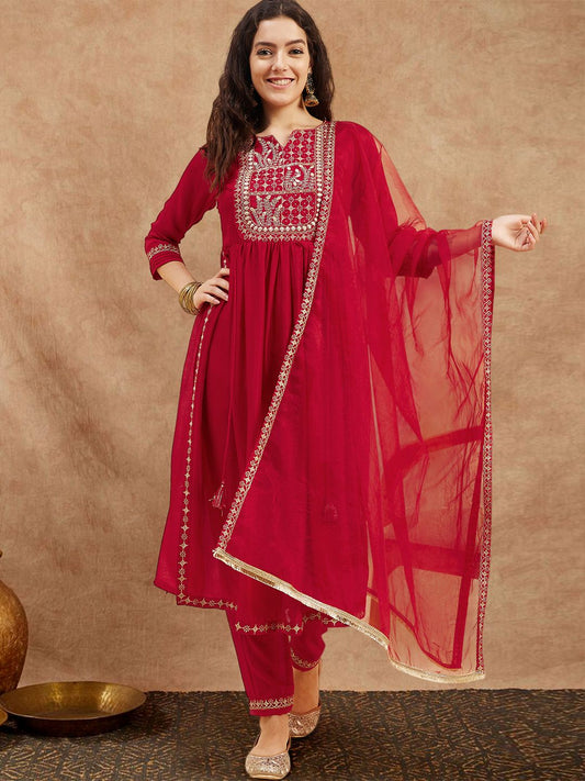 Dhiyona SN Women's Yoke Design Embroidered Kurta Sets With Dupatta