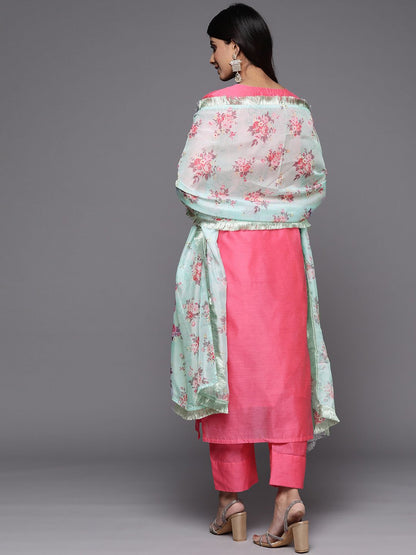 Dhiyona VA Women'sPink & Green Yoke Design Chanderi Silk Kurta with Trousers & With Dupatta