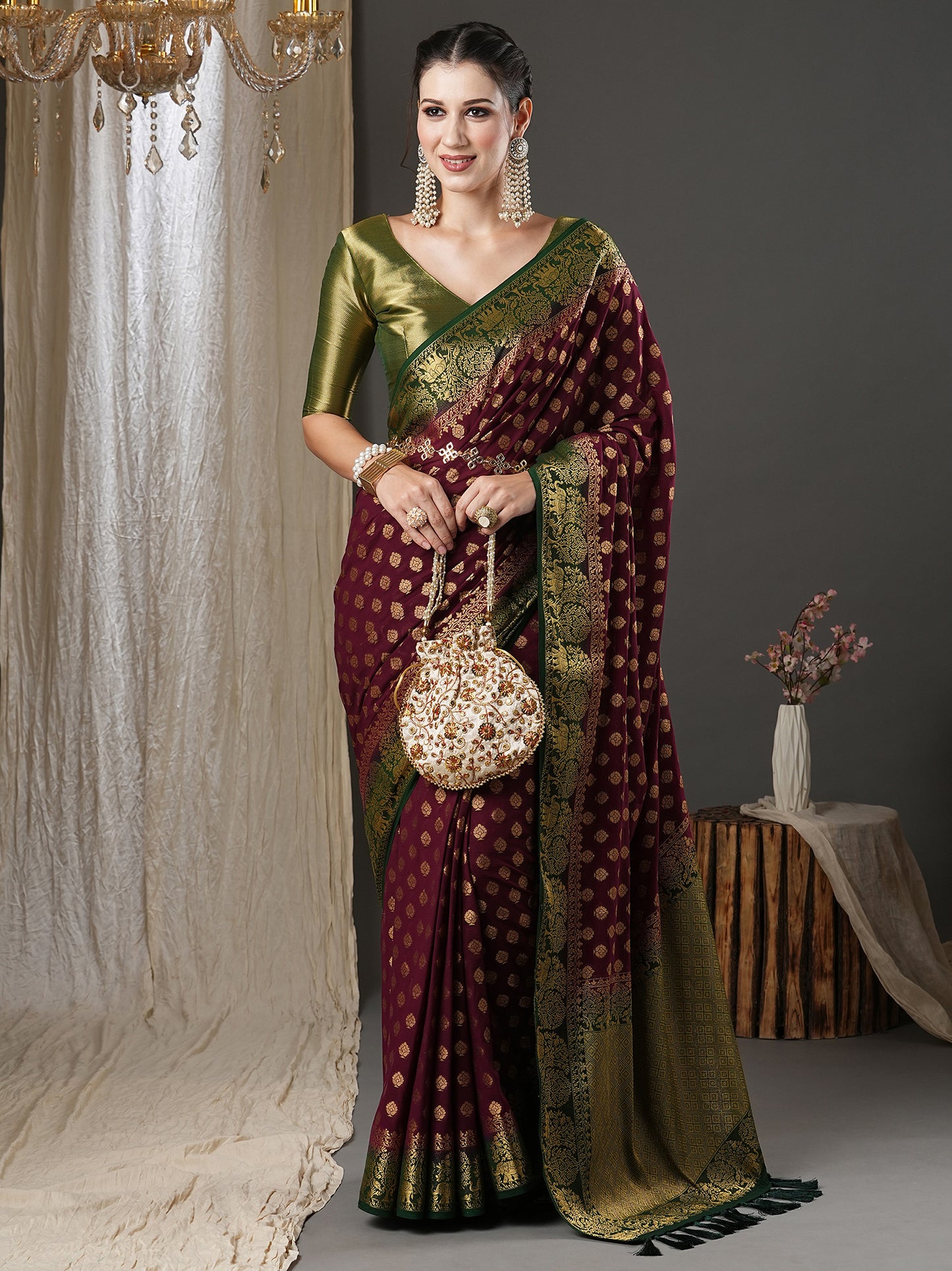 Women's Georgette Burgundy Woven Design Designer Saree With Blouse Piece