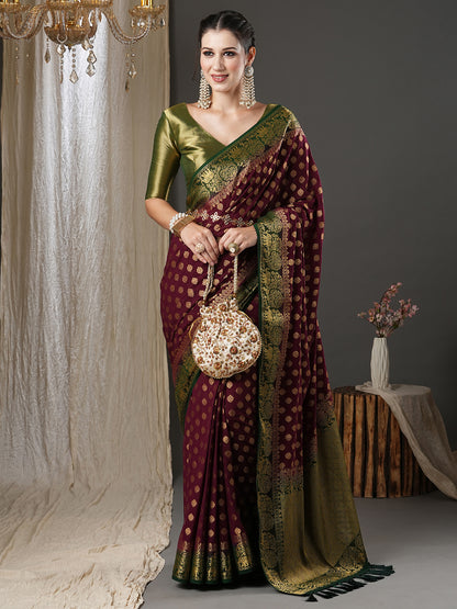 Women's Georgette Burgundy Woven Design Designer Saree With Blouse Piece