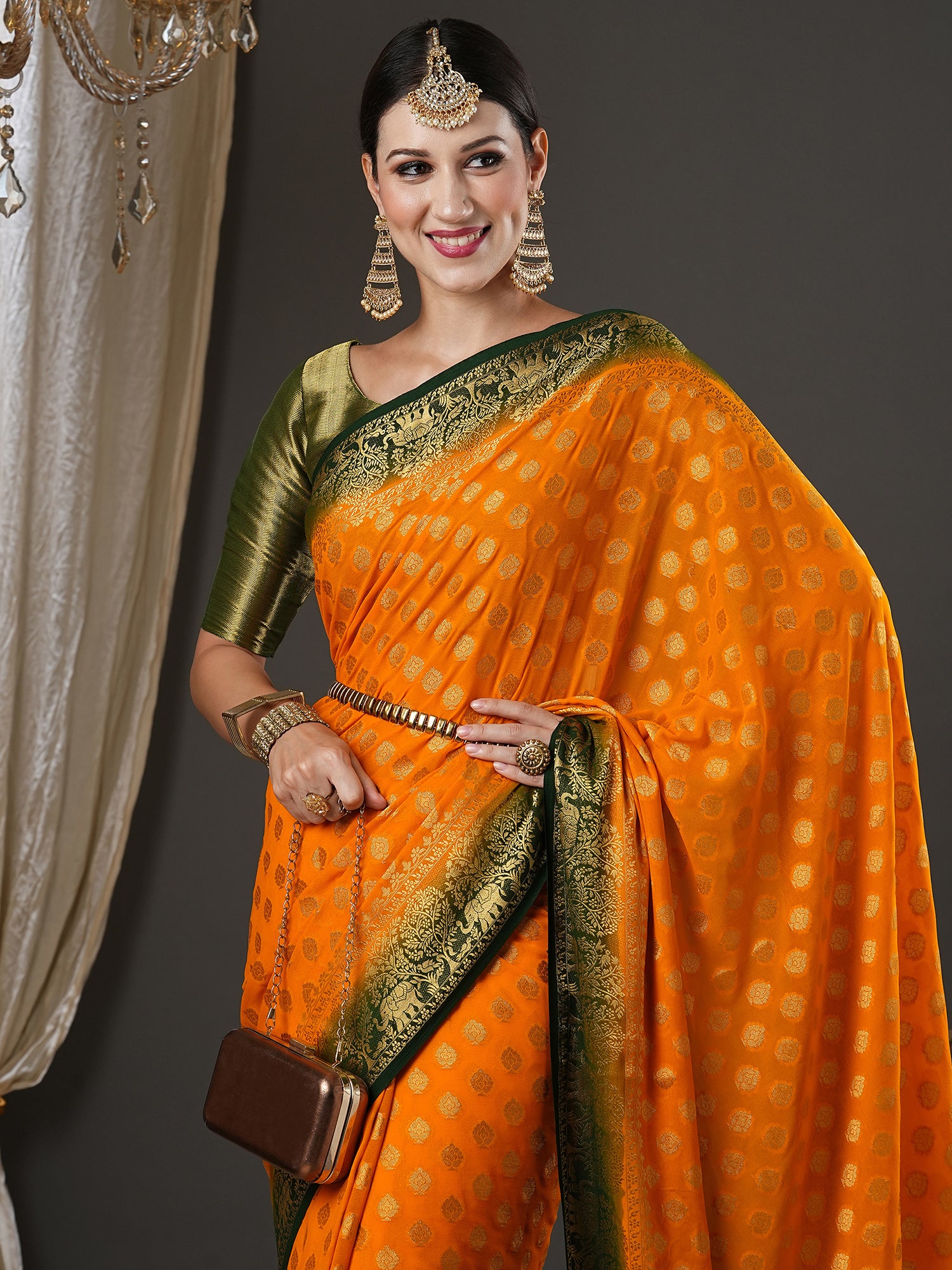 Women's Georgette Yellow Woven Design Designer Saree With Blouse Piece
