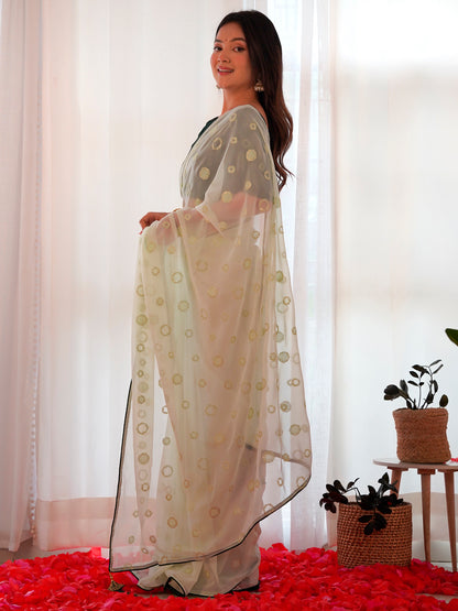 Women's Georgette Green Embellished Designer Saree With Blouse Piece