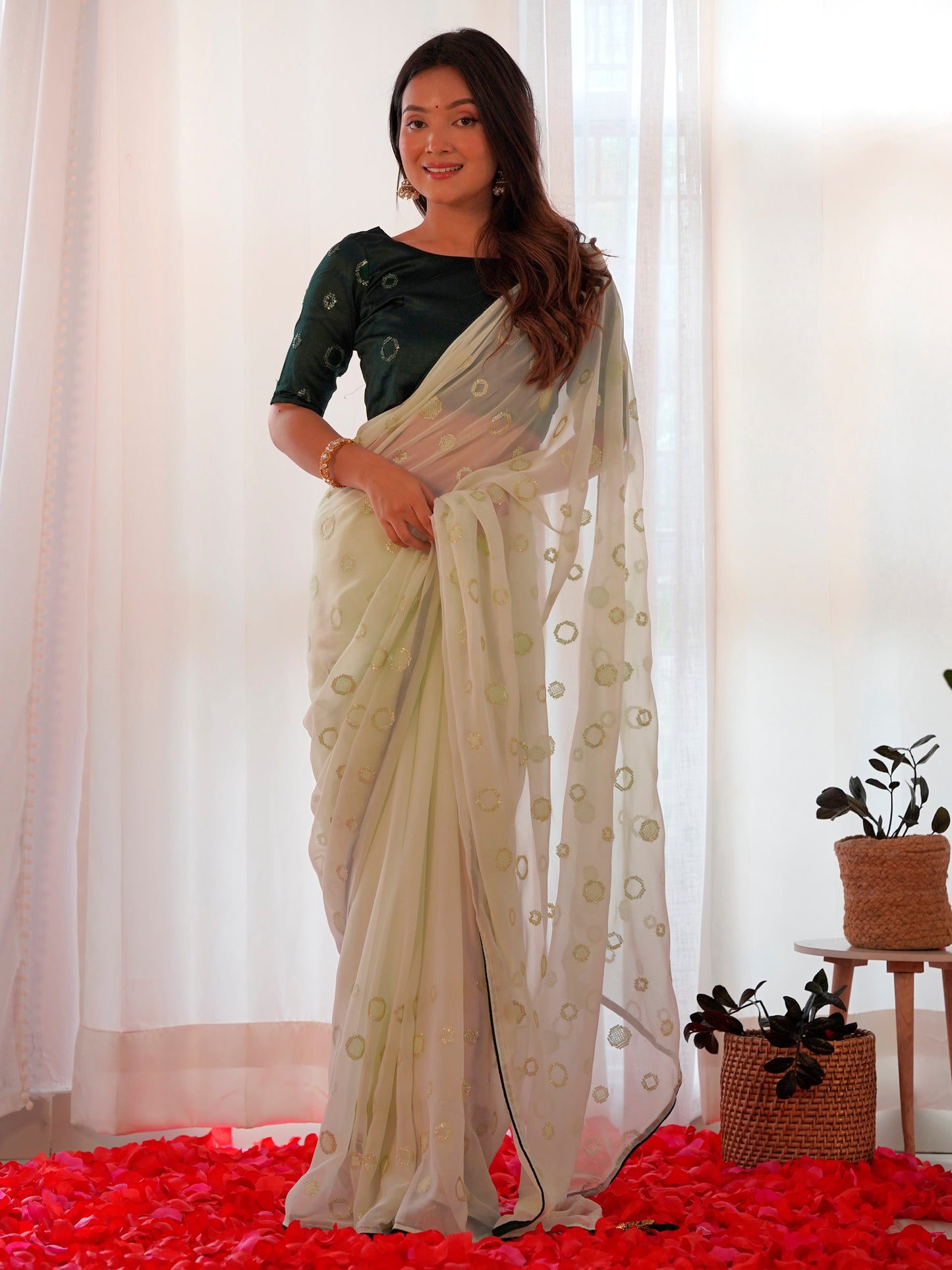 Women's Georgette Green Embellished Designer Saree With Blouse Piece