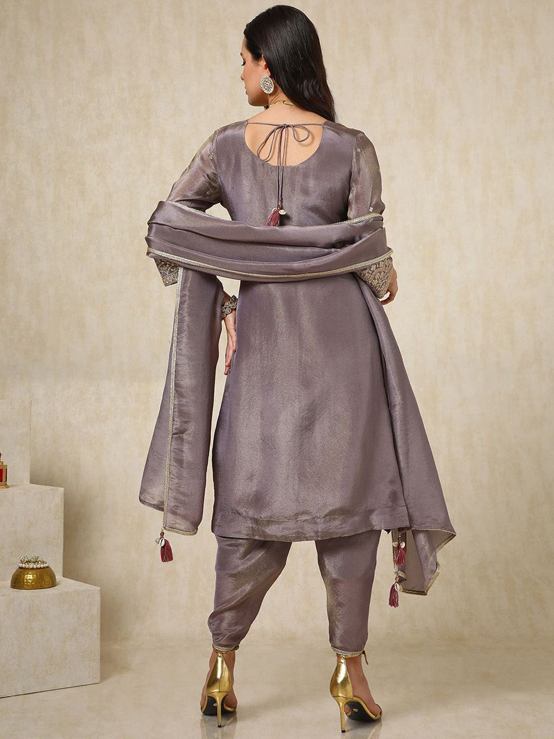 Dhiyona SO Women's Ethnic Motifs Embroidered Sequinned Straight Kurta with Dhoti Pants & Dupatta