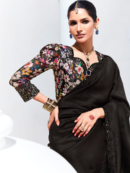 Dhiyona KM Women Black Saree With Floral Embroidered Blouse