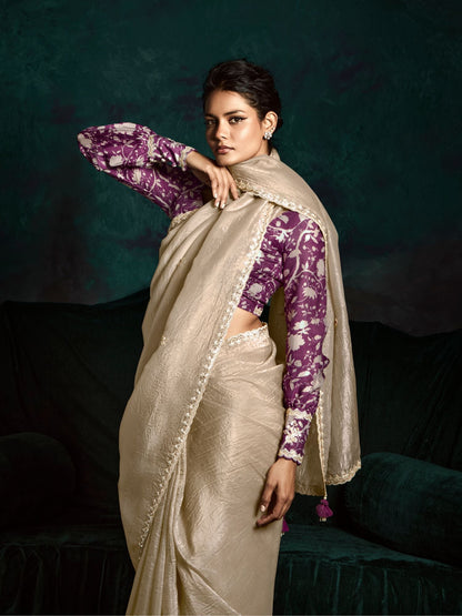 Dhiyona KM Women The Beige Designer Organza Saree: Effortless Elegance For Every Occasion