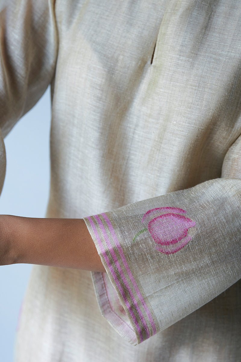 Women's Beige and Pink Woven Viscose Chanderi Kurta Suit Set With Delicate Hand Work Detailing