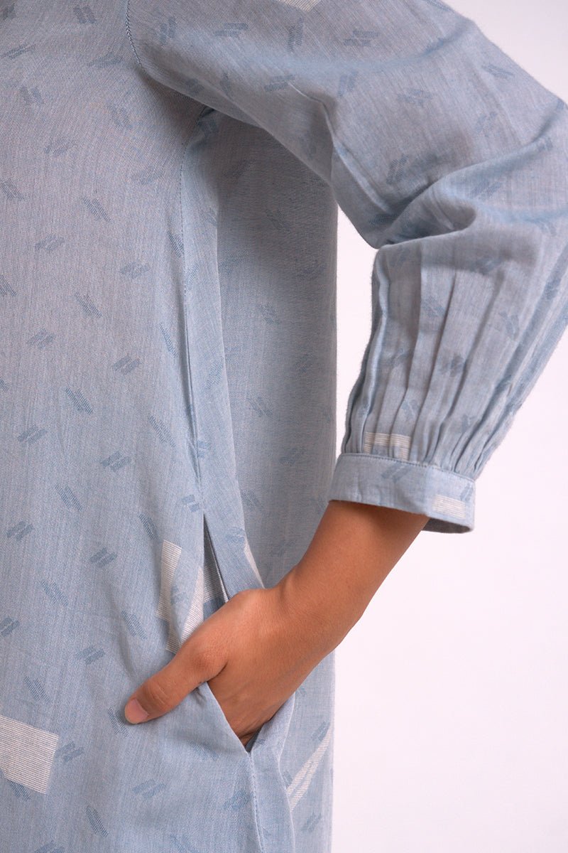 Women's Powder Blue Woven Kurta With Printed Cotton Bottom