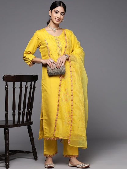 Dhiyona VA Women'sEthnic Motifs Embroidered Mirror Work Kurta With Trousers & With Dupatta