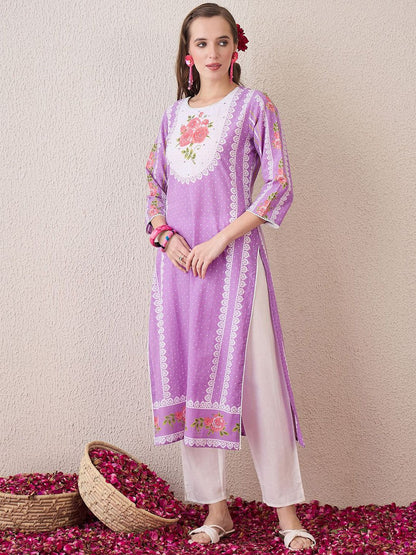 Floral Printed Sequinned Pure Cotton Straight Kurta With Trouser And Dupatta