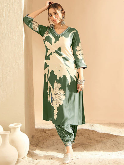 Dhiyona IE Floral Printed V-Neck Beads and Stones Screen Technique Kurta With Salwar