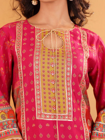Dhiyona VA Women'sEthnic Motifs Printed Sequinned Chanderi Silk Kurta with Trousers And Dupatta