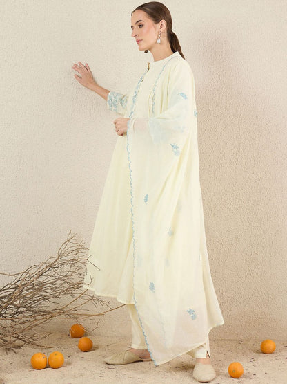 Dhiyona IE Women Solid Embroidered Cotton Kurta with Trousers & Dupatta