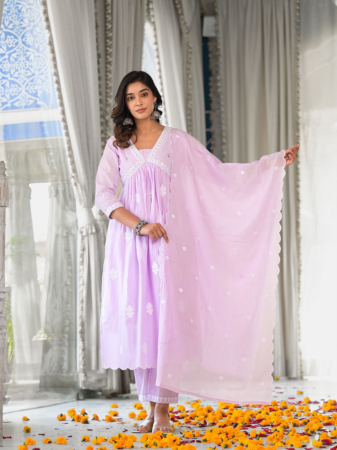 Dhiyona VA Women's Floral Embroidered Empire Thread Work Pure Cotton Kurta with Trousers & With Dupatta