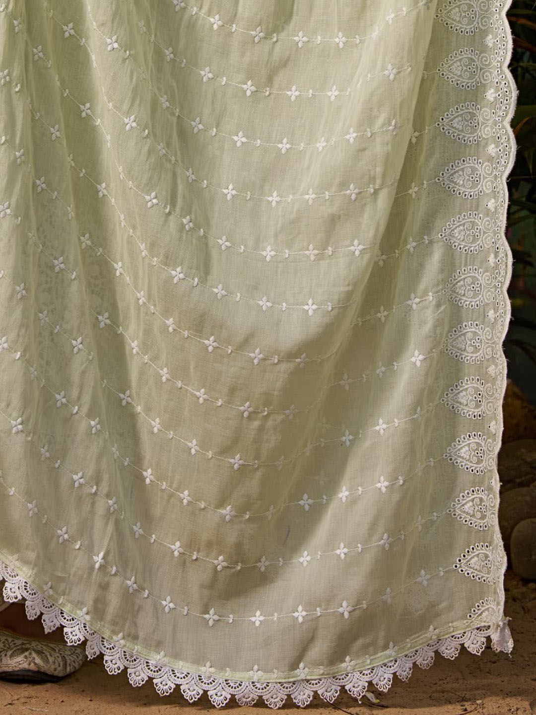 Floral Embroidered Pure Cotton Anarkali Kurta With Trousers & Dupatta