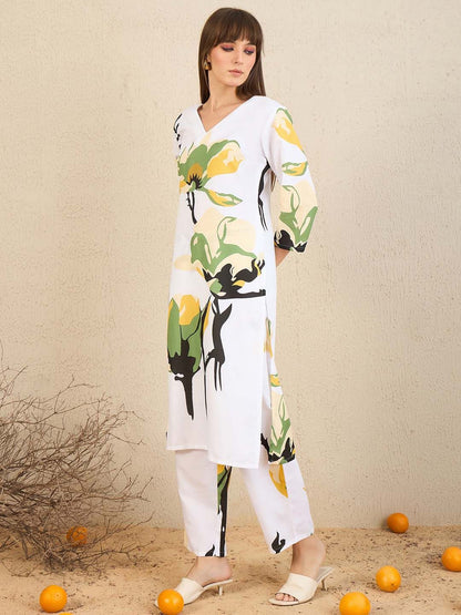 Dhiyona IE Floral Printed V Neck Straight Kurta With Trousers