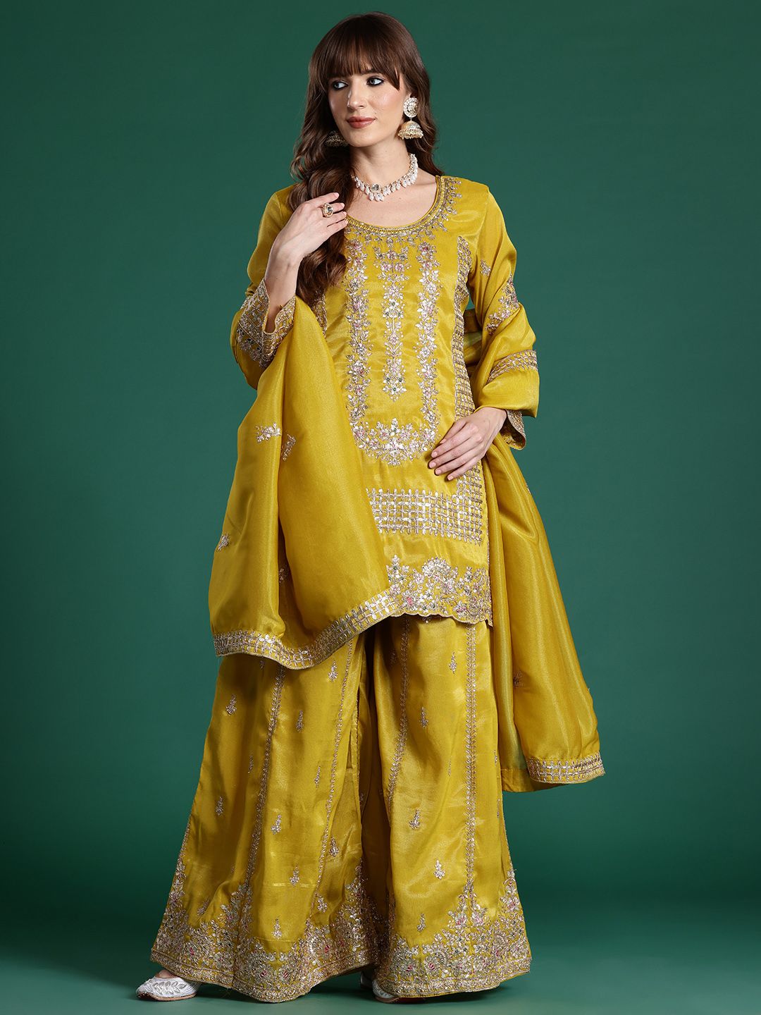 Ethnic Motifs Embroidered Sequinned Kurta with Palazzos & With Dupatta