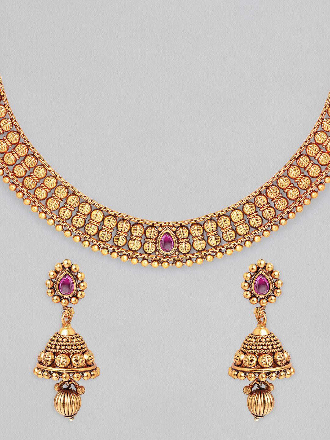 Dhiyona RJ Women's 22K Gold-Plated Ruby Pink & Kundan Studded Necklace Set with Jhumka Earrings