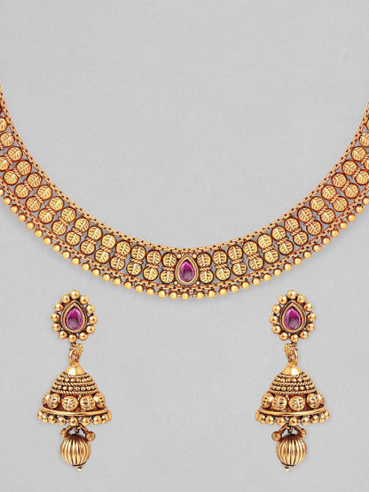 Dhiyona RJ Women's 22K Gold-Plated Ruby Pink & Kundan Studded Necklace Set with Jhumka Earrings