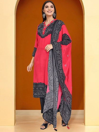 Dhiyona IS Women's Bhandani Printed V-Neck Straight Kurta With Trousers And Dupatta