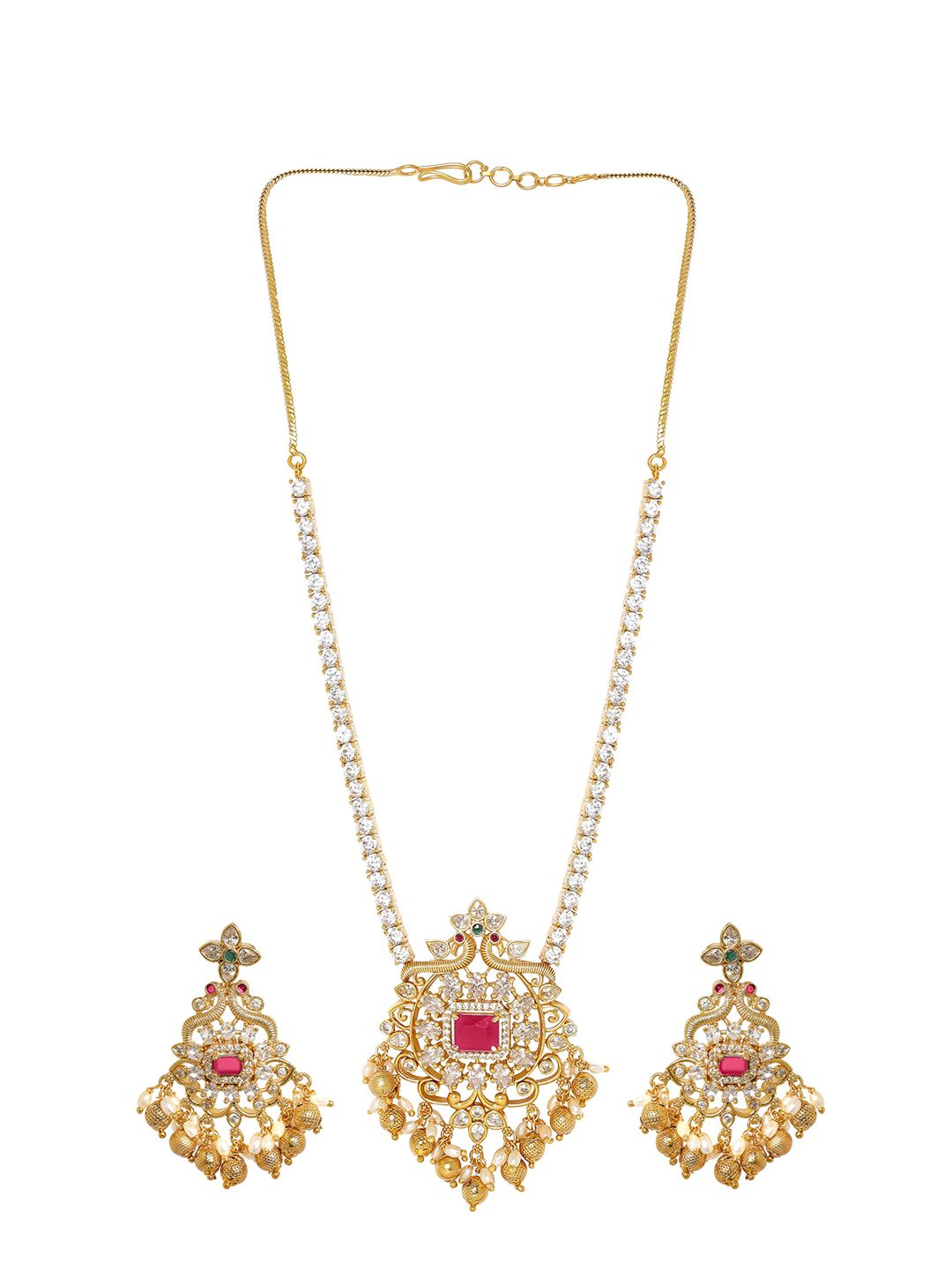 Dhiyona RJ Women's 22K Gold Plated Ruby & Cubic Zirconia Studded Jewellery Set with Gold & Pearl Beads