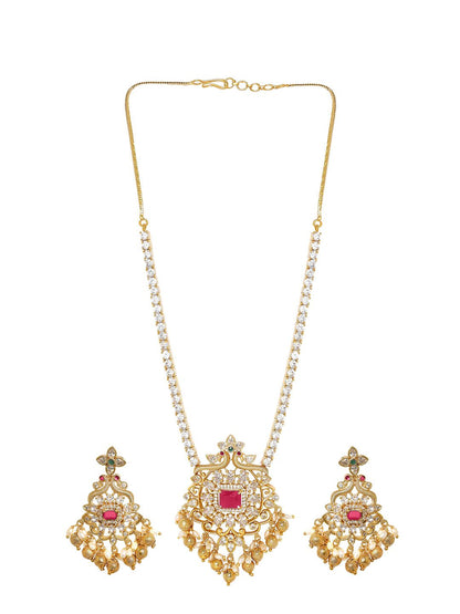 Dhiyona RJ Women's 22K Gold Plated Ruby & Cubic Zirconia Studded Jewellery Set with Gold & Pearl Beads