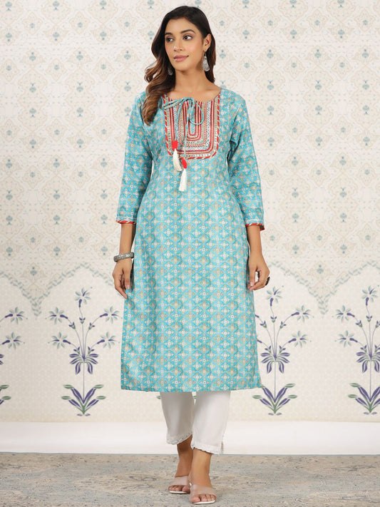 Dhiyona OD  Sea Green Ethnic Printed Tie-Up Neck Gotta Patti Straight Kurta