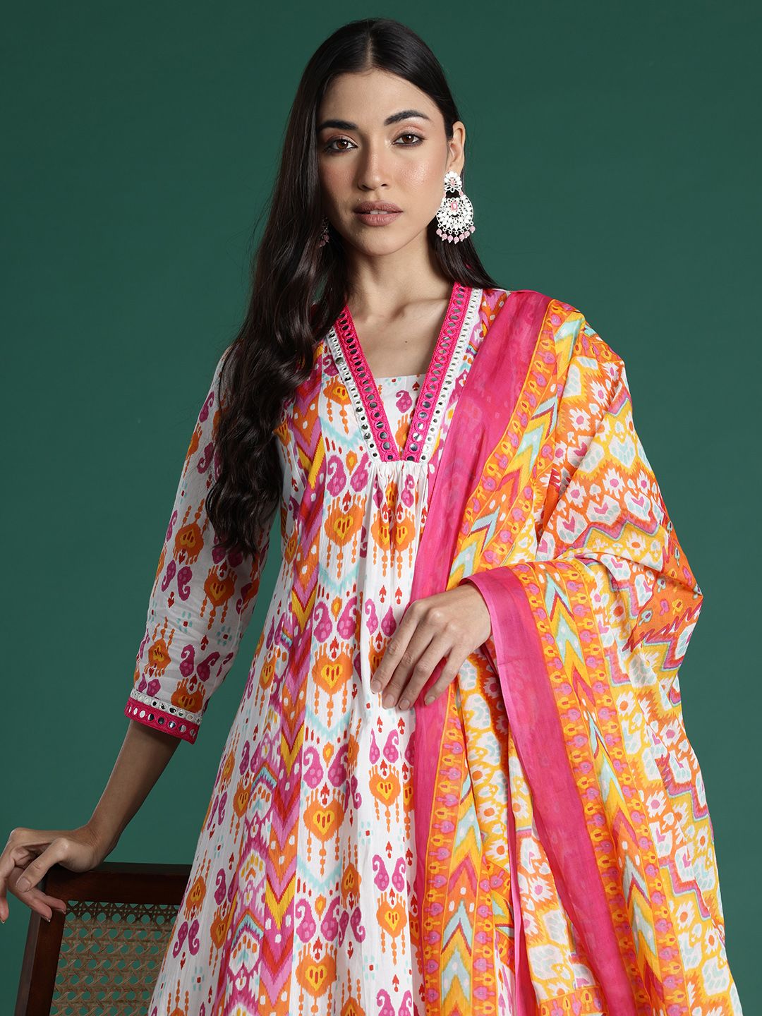 Ethnic Motifs Printed Mirror Work Pure Cotton Kurta with Trousers & With Dupatta
