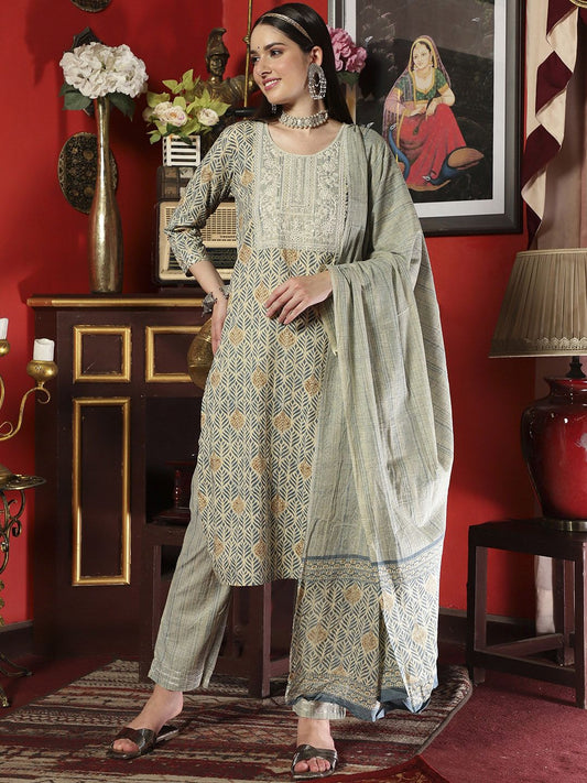 Dhiyona SN Women's Ethnic Motifs Printed Thread Work Pure Cotton Kurta & Trouser With Dupatta