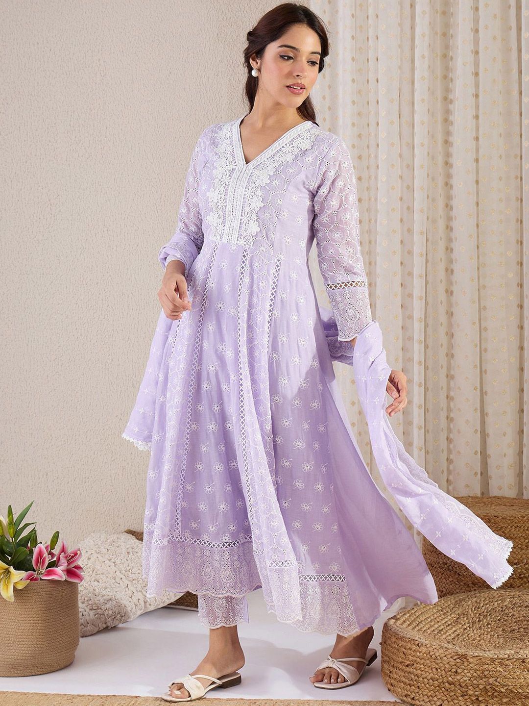 Women Floral Embroidered Cotton Kurta with Trousers & Dupatta