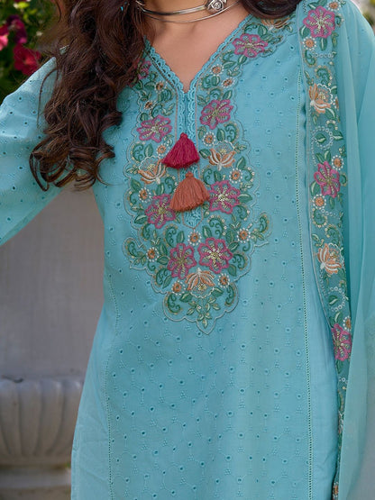 Floral Embroidered V Neck Pure Cotton Kurta With Trousers & Dupatta