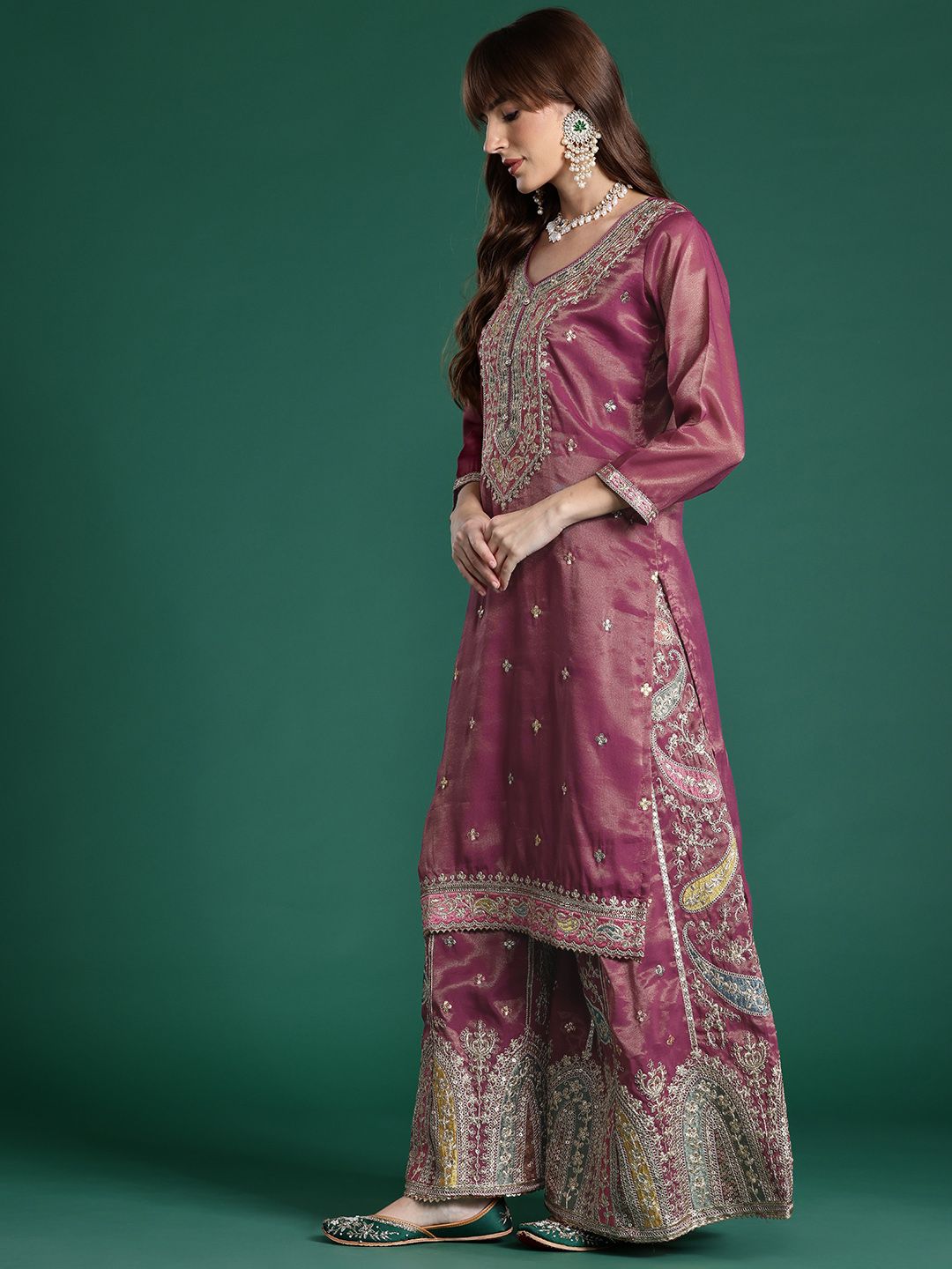 Ethnic Motifs Embroidered Sequinned Kurta with Palazzos & Dupatta