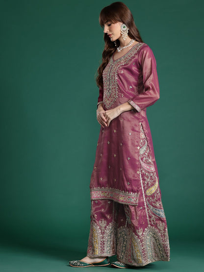 Ethnic Motifs Embroidered Sequinned Kurta with Palazzos & Dupatta