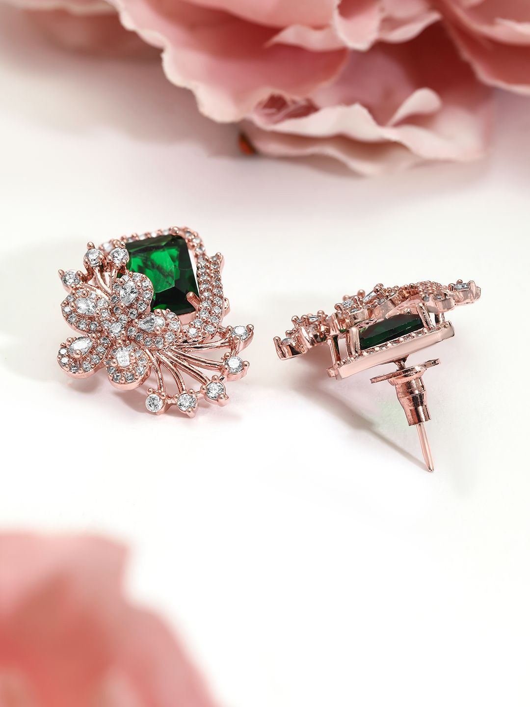 Dhiyona RJ Women's 18K Rose Gold-Plated Emerald Green & Cubic Zirconia Studded Floral Stud Earrings
