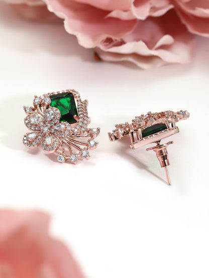 Dhiyona RJ Women's 18K Rose Gold-Plated Emerald Green & Cubic Zirconia Studded Floral Stud Earrings