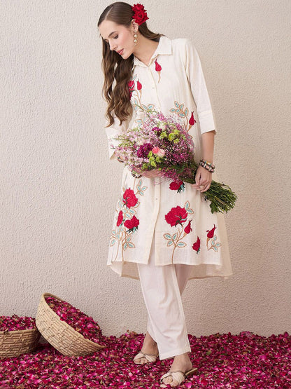 Floral Embroidered Shirt Collar Thread Work Pure Cotton A-Line Kurta With Trouser