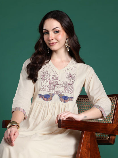 Embroidered Panelled Thread Work Kurta with Trousers