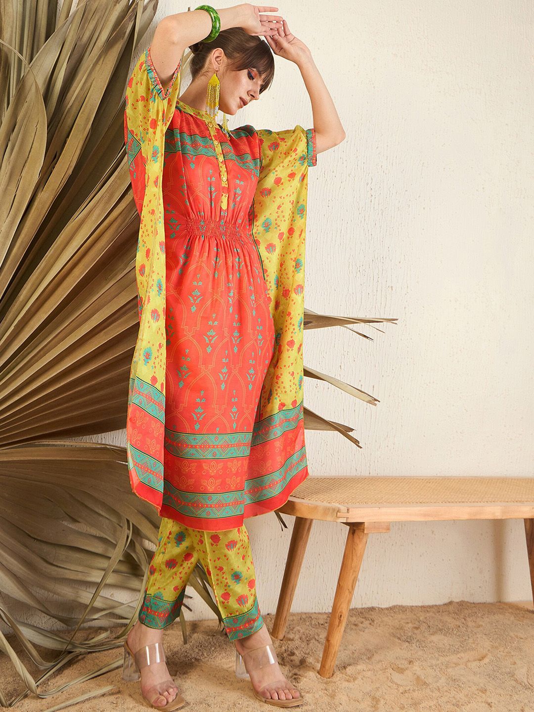 Dhiyona IE Orange Floral Printed Flared Kaftan Kurta with Trouser