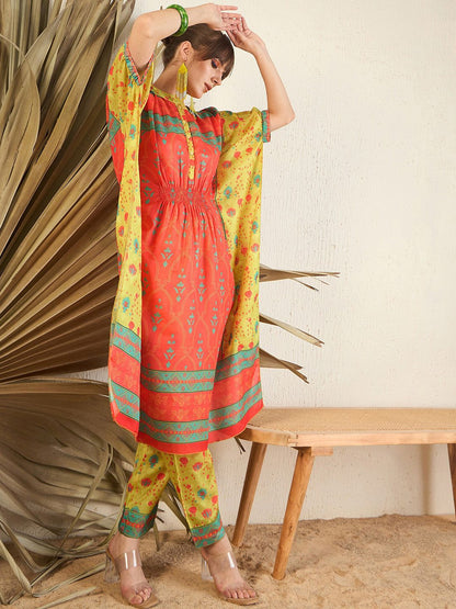 Dhiyona IE Orange Floral Printed Flared Kaftan Kurta with Trouser