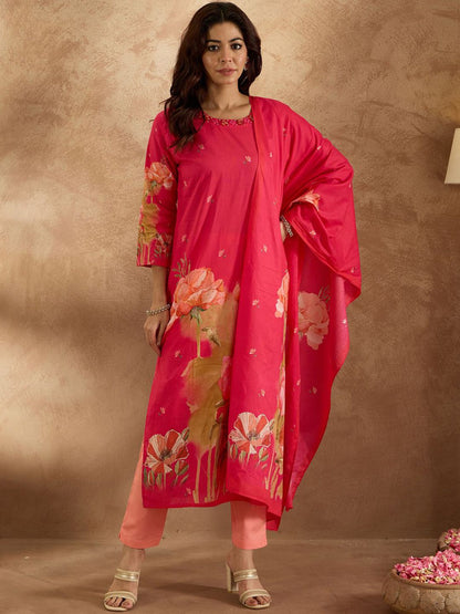 Dhiyona IE Women Floral Printed Regular Pure Cotton Kurta with Trousers & Dupatta